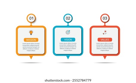 Missão,visão,valores,design gráfico template.eps 10 em fundo branco, Pode ser usado para o layout de fluxo de trabalho de apresentação, banner, processo, diagrama, fluxograma, infográfico, relatório anual.