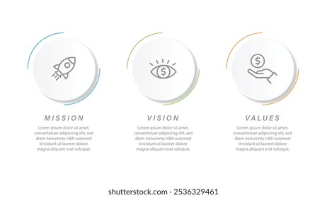 Misión, visión, valores, Plantilla de Diseño gráfico sobre fondo blanco