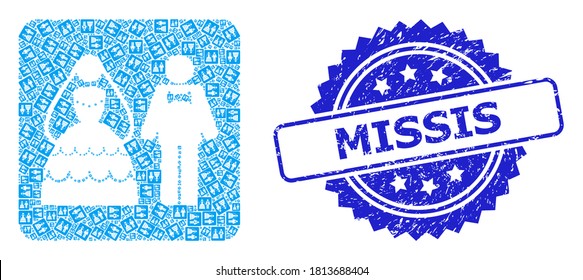 Missis grunge stamp seal and vector fractal collage wedding couple. Blue stamp seal has Missis title inside rosette. Vector collage is constructed of repeating rotated wedding couple icons.