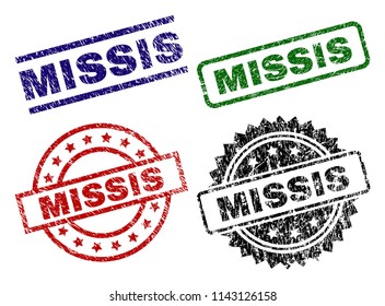 MISSIS seal stamps with corroded texture. Black, green,red,blue vector rubber prints of MISSIS text with unclean texture. Rubber seals with round, rectangle, medallion shapes.