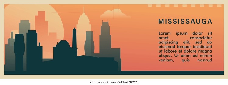 Mississauga city brutalism vector banner with skyline, cityscape. Canada, Ontario province retro horizontal illustration, travel layout for web presentation, header, footer