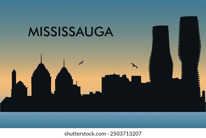 Mississauga. The city skyline. Silhouettes of buildings. The sunset of the day. Vector on a blue background