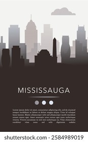 Mississauga city template for website, presentation, front page, invitation, publication sheet with skyline, landmarks. Vector Canada, Ontario image layout, simple and grayscale