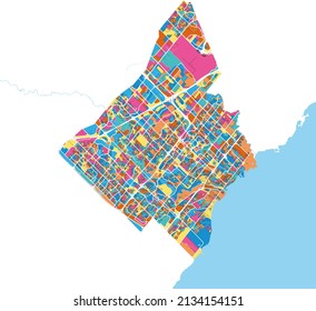 Mississauga, Ontario, Canada colorful high resolution vector art map with city boundaries. White outlines for main roads. Many details. Blue shapes for water. 