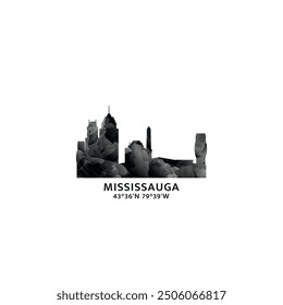 Mississauga panorama, vector badge, skyline logo and icon. Canada, Ontario province city horizon logotype with landmarks and building silhouettes. Isolated foggy abstract gradient graphic