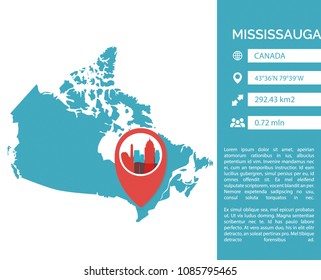 Mississauga pin point map shape vector infographics template. Modern city data statistic isolated illustration