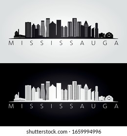 Mississauga skyline and landmarks silhouette, black and white design, vector illustration.  