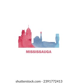 Mississauga watercolor cityscape skyline city panorama vector flat modern logo, icon. Ontario province, Canada town emblem concept with landmarks and building silhouettes. Isolated graphic