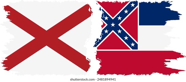 Mississippi and Alabama states grunge brush flags connection, vector