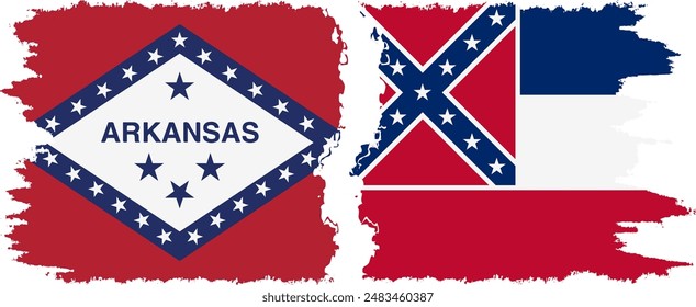 Mississippi and Arkansas states grunge brush flags connection, vector