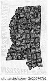 Condados de Misisipi mapa de la nube de palabras. Nombres de la región de Misisipi. Diseño de mapa en blanco y negro. Ilustración vectorial artística.