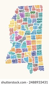 Nube de palabras del condado de Mississippi. Logotipo del estado. Condados tipografía estilo Imagen de Vector. Nube de texto coloreada de Mississippi. Ilustración vectorial moderna.