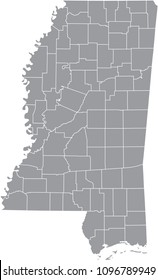 Mississippi county map vector outline gray background. Map of Mississippi state of United States of America with counties borders