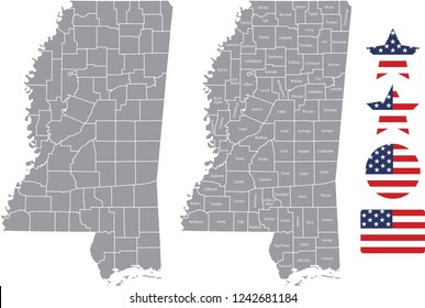 Mississippi county map vector outline in gray background. Mississippi state of USA map with counties names labeled and United States flag icon vector illustration designs