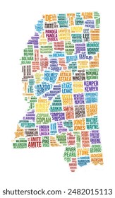 Mississippi county word cloud. State shape design. Mississippi colored illustration. County names collage cloud. Vector illustration.