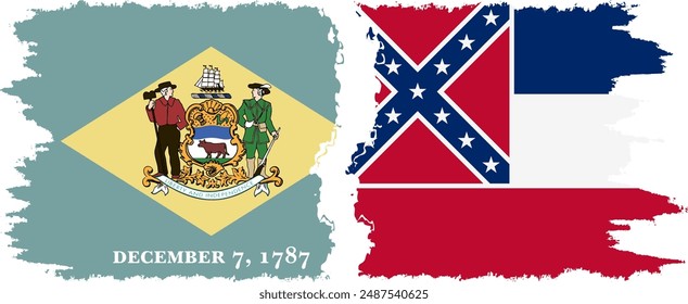 Mississippi and Delaware states grunge brush flags connection, vector