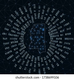 Mississippi digital map. Binary rays radiating around glowing US state. Internet connections and data exchange design. Vector illustration.