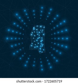 Mississippi digital map. Glowing rays radiating from the us state. Network connections and telecommunication design. Vector illustration.