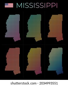 Mississippi dotted map set. Map of Mississippi in a dotted style. Borders of the US state filled with beautiful smooth gradient circles. Appealing vector illustration.