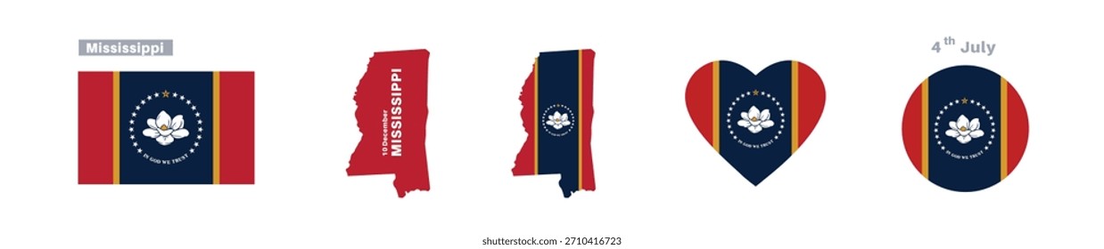Bandeira e mapa do Mississippi. Bandeira do estado do Mississippi na celebração do 10º de dezembro