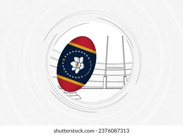Mississippi flag on rugby ball, lined circle rugby icon with ball in a crowded stadium. Vector sport emblem on abstract background.