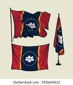 Mississippi flag set - flag on the wind, flag on the wall and flag in the office
