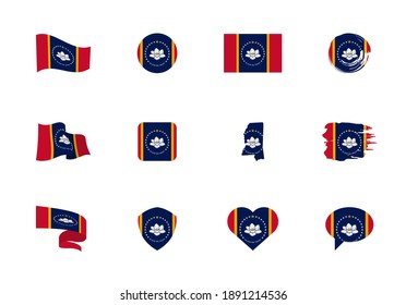 Mississippi - flat collection of US states flags. Flags of twelve flat icons of various shapes. Set of vector illustrations