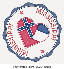 Mississippi heart flag logo. US state name text around Mississippi flag in a heart shape. Astonishing vector illustration.
