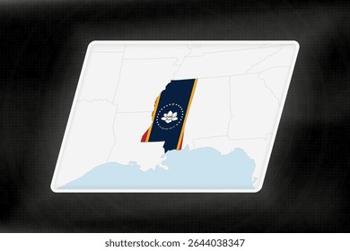 Mississippi Destacado em Cores de Bandeira no Mapa Geográfico. Mapa moderno em um fundo abstrato escuro.