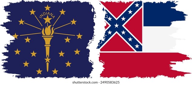 Mississippi and Indiana states grunge brush flags connection, vector