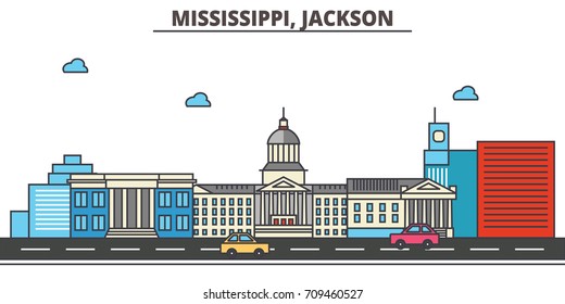 Mississippi, Jackson.City skyline: architecture, buildings, streets, silhouette, landscape, panorama, landmarks, icons. Editable strokes. Flat design line vector illustration concept.