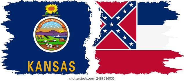 Mississippi and Kansas states grunge brush flags connection, vector