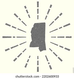 Mississippi Logo. Grunge sunburst poster with map of the US state. Shape of Mississippi filled with hex digits with sunburst rays around. Attractive vector illustration.