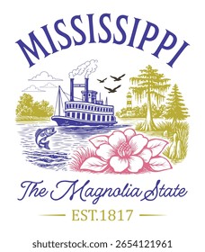 Mississippi The Magnolia State - Estados Unidos Estado Cityscape T-shirt Vetor, Ícones americanos de referência, Vintage Estados Cityscape Camisa, Retro Travel City Art, Estados Citações de referência, Estado de férias Ilustração
