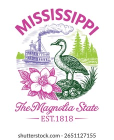Mississippi The Magnolia State - US State Vintage T-shirt Vector, USA States Cityscape Landmark Icons, American State Typography Shirt, USA Skyline Clipart, Retro travel city illustration