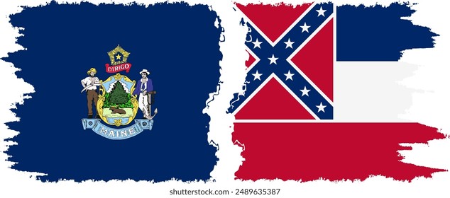 Mississippi and Maine states grunge brush flags connection, vector