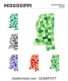 Mississippi map collection. Borders of Mississippi for your infographic. Colored us state regions. Vector illustration.