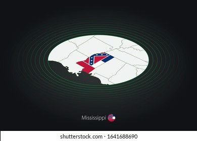 Mississippi map in dark color, oval map with neighboring US states. Vector map and flag of US state Mississippi