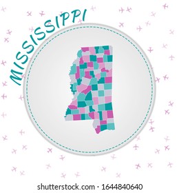 Mississippi map design. Map of the us state with regions in emerald-amethyst color palette. Rounded travel to Mississippi poster with us state name and airplanes background.