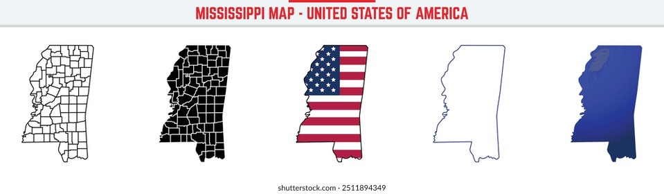 Mapa de Misisipi con icono de trazo editable. Mississippi Estados Unidos Icono de línea delgada, Mississippi mapa Ilustración vectorial, Mississippi, MS mapa de Vector de silueta azul