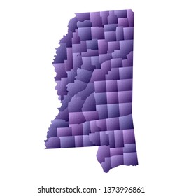 Mississippi map. Geometric style us state outline with counties. Comely violet vector illustration.