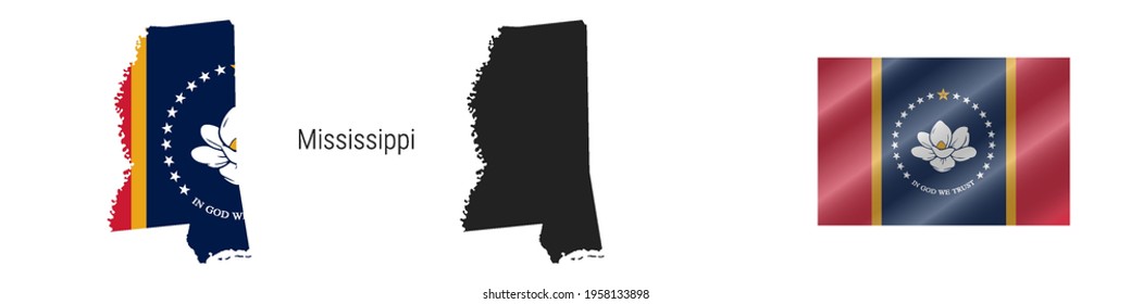 Mississippi. Map with masked flag. Detailed silhouette. New Magnolia flag. Waving flag. Vector illustration isolated on white.