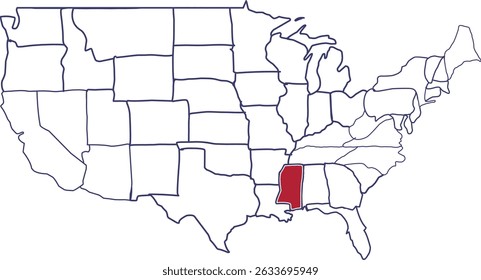 Mississippi Map in Red, map of america highlighting the state of Mississippi