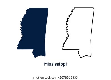 Mapa do Mississippi definido. Vetor de mapas do Mississippi EUA. Marinha do Mississippi e mapa esboço em fundo branco