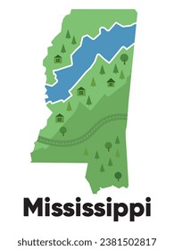 Mississippi map shape United states America green forest hand drawn cartoon style with trees travel terrain 