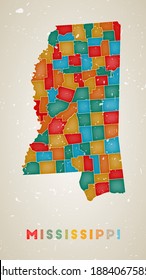 Mississippi map. Us state poster with colored regions. Old grunge texture. Vector illustration of Mississippi with us state name.