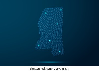 Mississippi Map - USA, United States of America Map vector template with dots, halftone style and light, network line, design sphere on blue technology background -  Vector illustration ep 10
