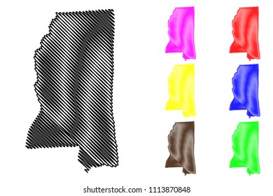 Mississippi map vector illustration, scribble sketch Mississippi map black, red, blue, green, yellow, purple
