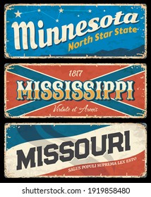 Mississippi, Minnesota and Missouri vintage signs with vector USA state symbols of American travel and tourism design. North star, magnolia and show me state old grunge flags and stellar constellation