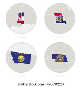 Mississippi, Missouri, Montana, Nebraska US states map contour and national flag in a circle. Vector Illustration.